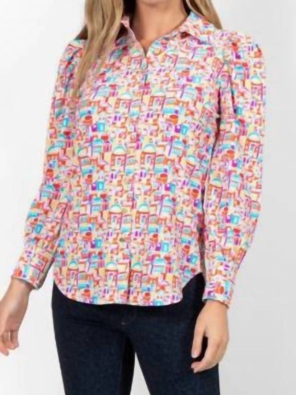 Jude Connally Santorini Village Print Long Sleeve Button Down Women’s Small Art - Picture 2 of 7